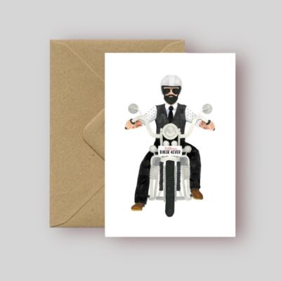 Grusskarte "Biker 4 ever". Gestaltet von All The Ways To Say. Hergestellt in Frankreich. Aquarellzeichnung auf Papier. Blanko Inhalt und mit Couvert geliefert.