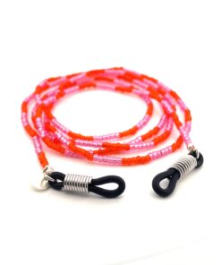 Brillenkette in Pink und Rot – handgefertigt in Nepal aus japanischen Glasperlen, Modell Color Blocking von OBO Zürich.