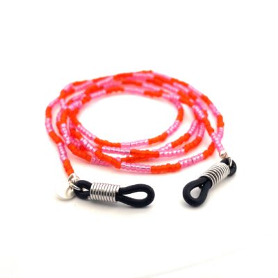 Brillenkette in Pink und Rot – handgefertigt in Nepal aus japanischen Glasperlen, Modell Color Blocking von OBO Zürich.