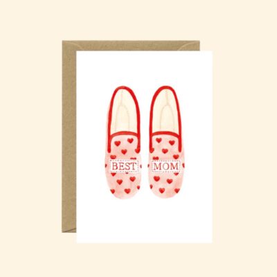 Grusskarte mit roten Hausschuhen und Herzen – Motiv Best Mom, erhältlich bei Spektrum23 Schweiz.