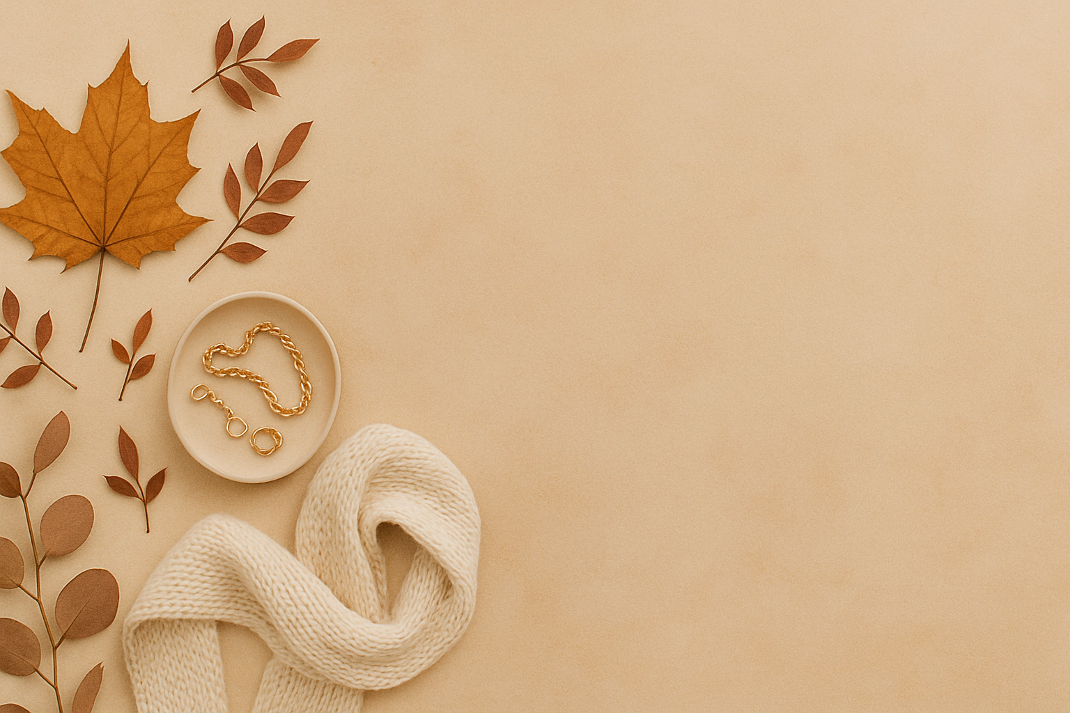 Herbstliche Mode und Accessoires – goldene Schmuckstücke, Strickschal und Herbstblätter auf beigem Hintergrund. Stimmungsvoll arrangiertes Stillleben für Spektrum 23 Online-Shop in Einsiedeln, Schweiz.